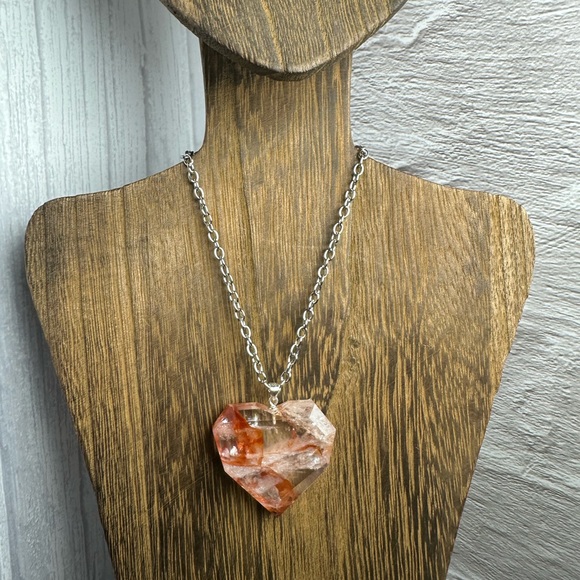 Fire Quartz Heart Necklace Pendant on Chain - Picture 2 of 11
